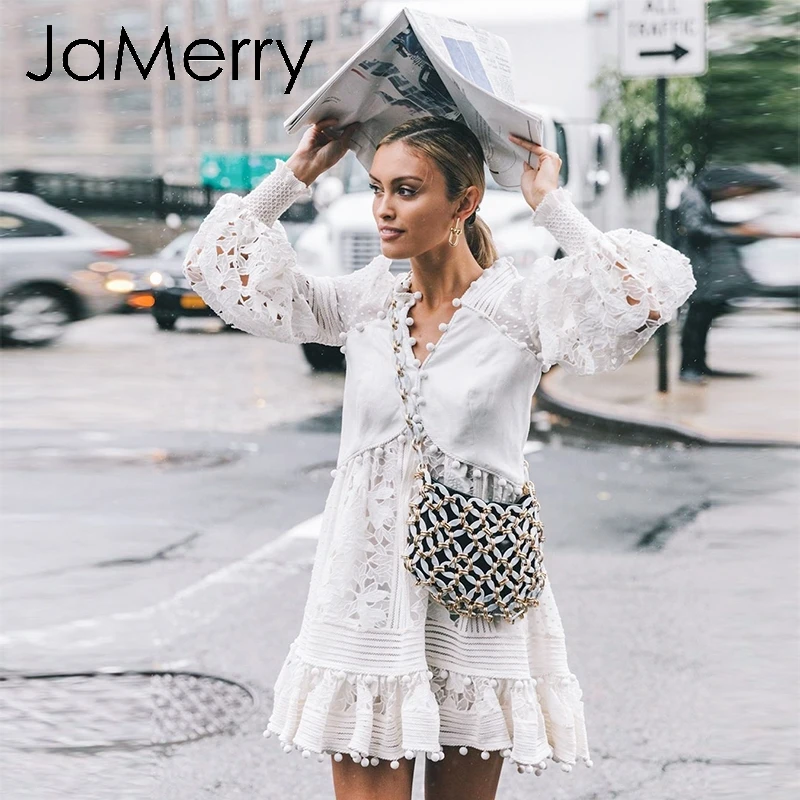 

JaMerry Vintage white lace embroidery hollow out women dress V-neck lantern sleeve dress High waist lining party dresses