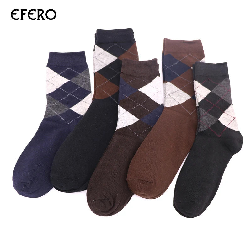 Efero/зимние мужские носки с ромбовидным узором, повседневные теплые носки в деловом стиле, мужские хлопковые носки, забавные однотонные