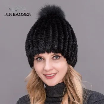 

JINBAOSEN Women's Fur Hats Natural Rex Rabbit Fox Fur Caps Winter Warm Russian Ladies Fashion Brand High Quality Beanies New