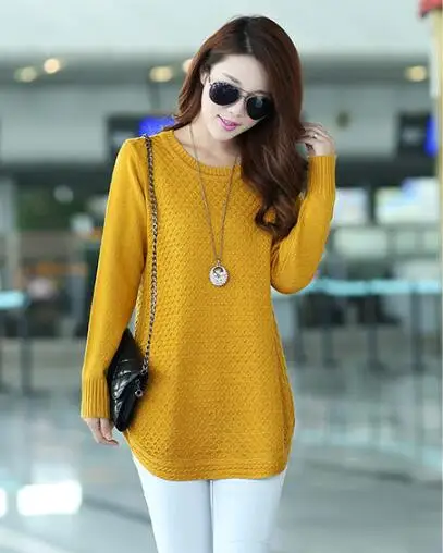 Женские вязаные свитера осень зима длинный рукав пуловер нижняя рубашка свитер большой размер свободные повседневные топы Женская одежда - Цвет: yellow