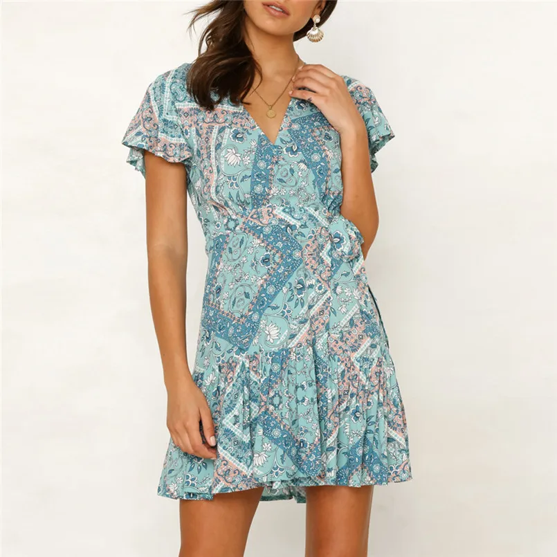 New Style Womens Boho Holiday Beach Mini Bandage Dress Ladies Floral Ruffled V-Neck Party Girls Simple Clothes Femme 40FE18 (23)