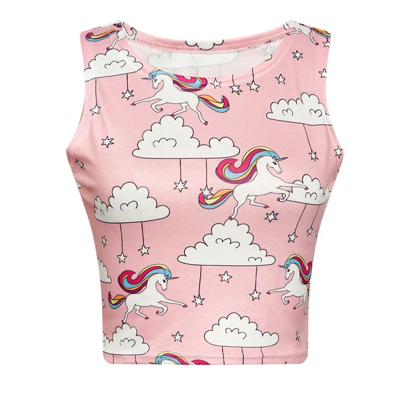 

UIDEAZONE Women Casual Crop Top Unicorn Cute Femme Tee Tops Animal Printed Flexible Summer Tops for Women 2019