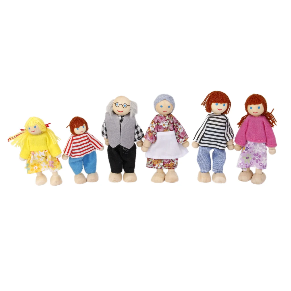 Dressed Wooden Family Members 6 Dolls Figures Toy for Dollhouse Characters Gift