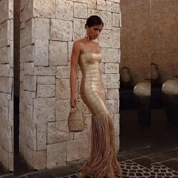 

2019 New Arrival Glue Gold Green Black Long Maxi Bandage Dress Fashion Tassel V Neck Elegant Celebrity Evening Party Vestidos
