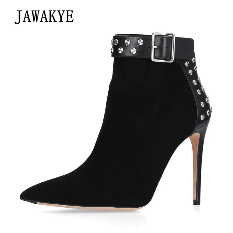 

2018 Rivet Sexy Ankle Boots Woman Pointed Toe Silver Buckle High Heel Boots Women Fashion Martin Boots