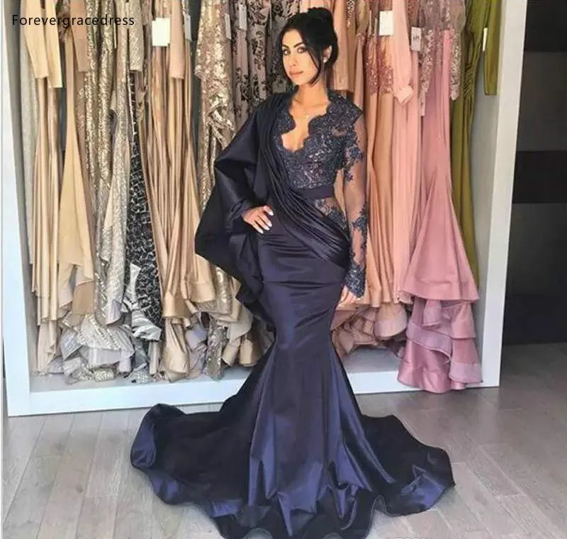 Modest Dark Navy Long Sleeve Evening Dresses Formal Occasion Celebrity Party Gowns Mermaid Sheer Crew Neck Ruffles Long Prom Dress Appliqued  166 (2)