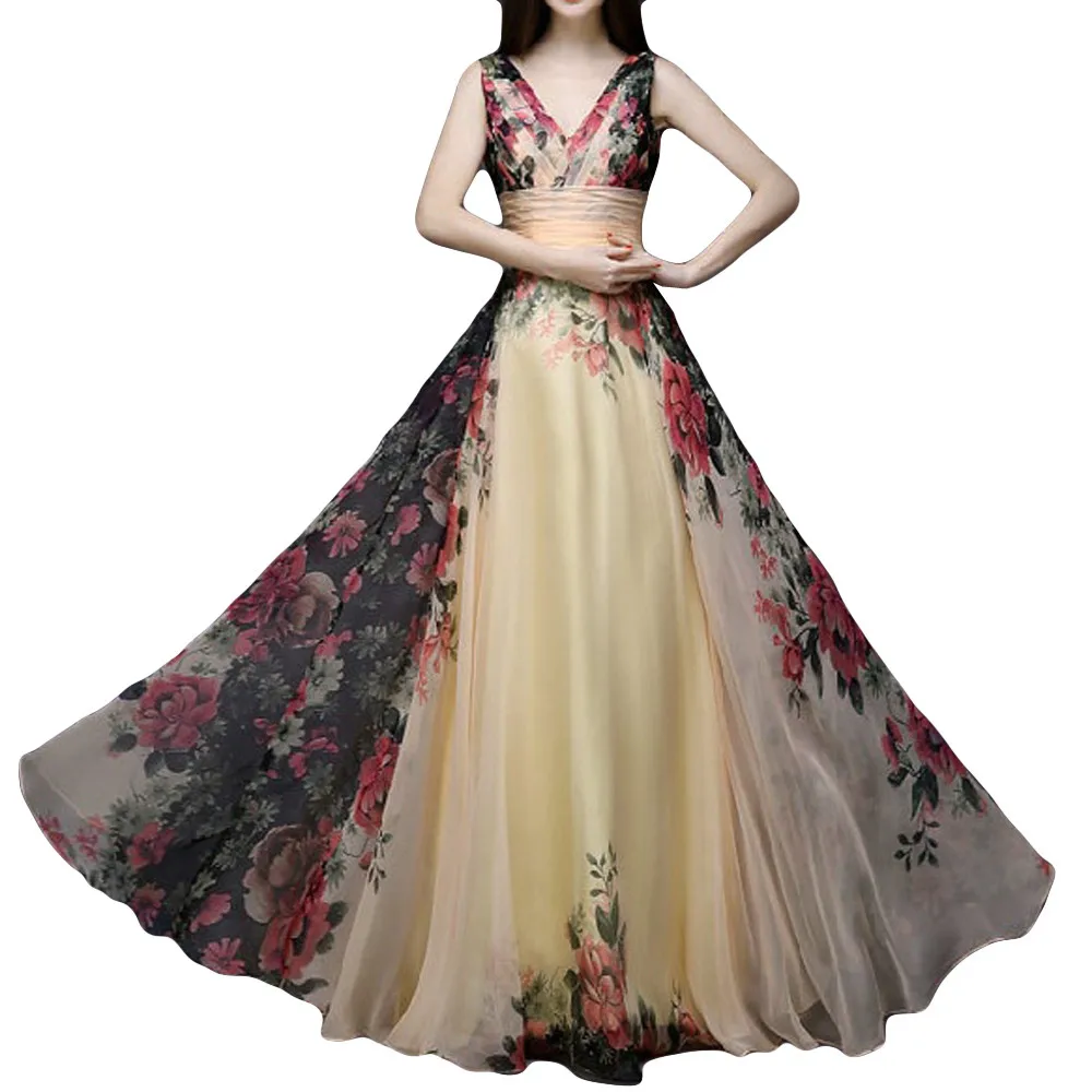 

Women Fashion Dresses Woman Party Night Vintage Printing V-Neck Sleeveless Long Luxury Dress Vestidos De Verano Mujeres 2019