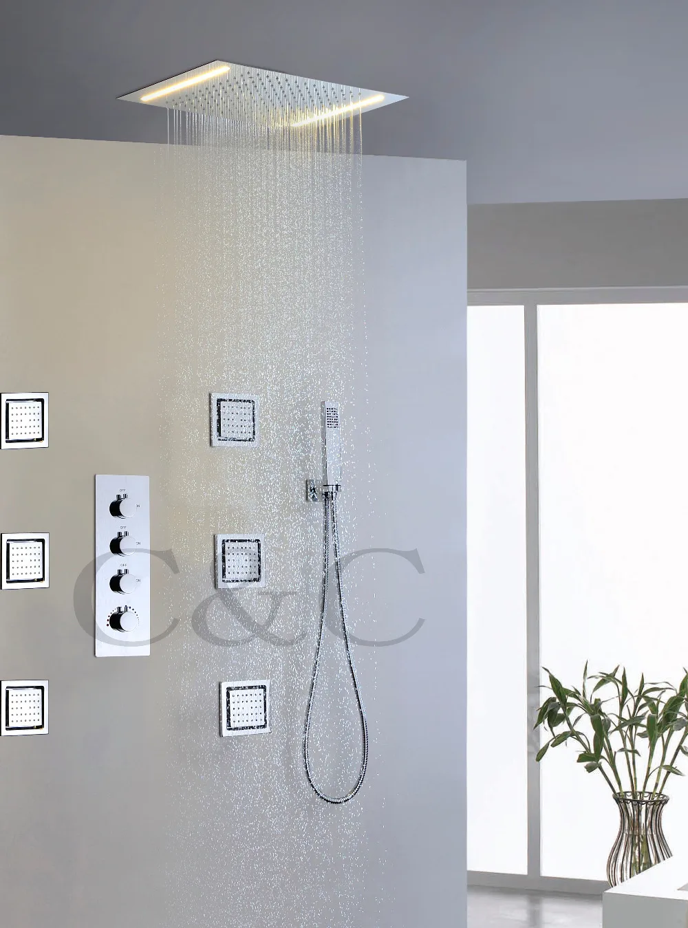 

Rainfall Bath Shower Faucet Set Alternating Current Double Row Yellow Lamps Rainfall LED Shower Head 008-50X36E-6MF