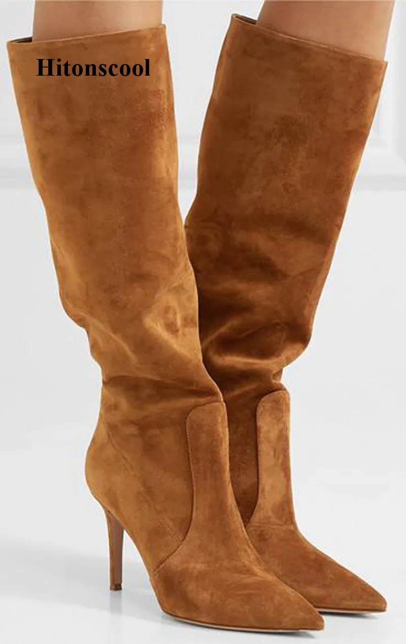 

New Suede Pleated Mid-calf Boots Women Pointed Toe Slip on Stilettos High Heels Boots Fashion Autumn Brown Shoes Woman