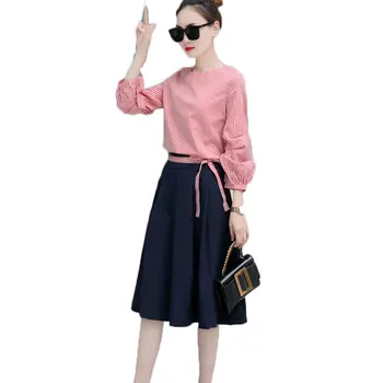 

Korean Fashion Student Suit Women 2 Pcs Set Clothing Pullover Top Blouse & Pleated Skirt Lady Outfit Casual Girt Vestido S-XXL