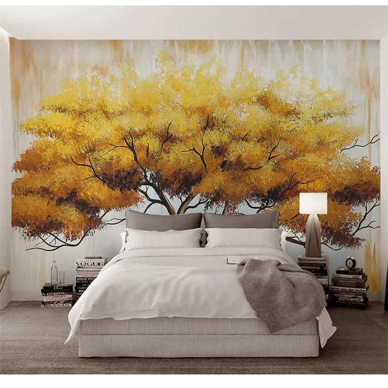 

beibehang papel parede Custom wallpaper A tree warm yellow hand painted oil painting tree background wall photo wall mural