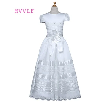 

White Flower Girl Dresses For Weddings A-line Cap Sleeves Lace Bow Pearls First Communion Dresses For Little Girls