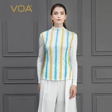 VOA тяжелого шелка трикотажные Цветной вертикальные полосы Для женщин топы тонкая футболка осень с длинным рукавом милые футболка Базовая офисная работа топ B810