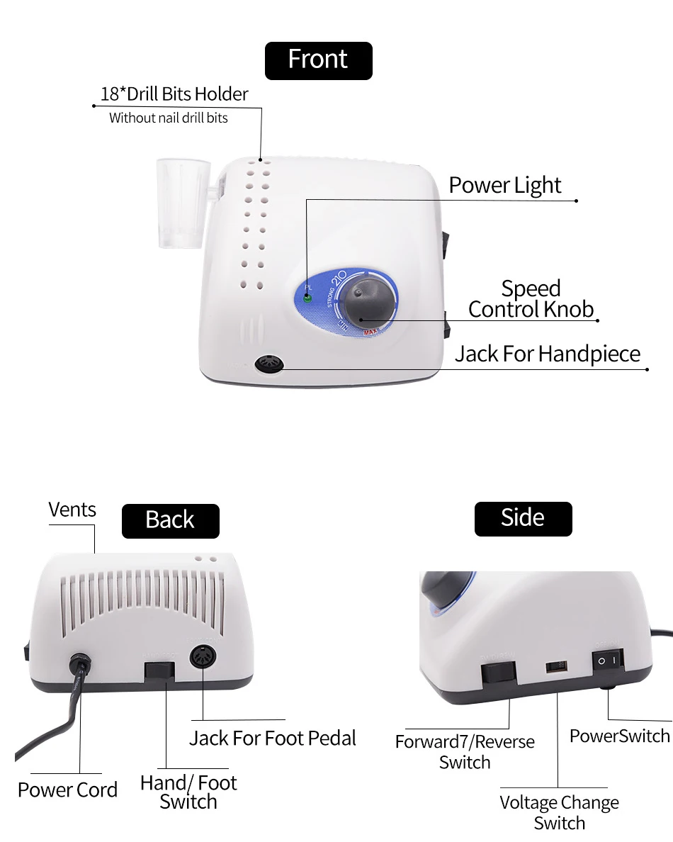 Мощная 210 электрическая дрель для ногтей 65 Вт 35000 фрезерный станок для маникюра, педикюра, дрель для ногтей, аппарат для маникюра, станок