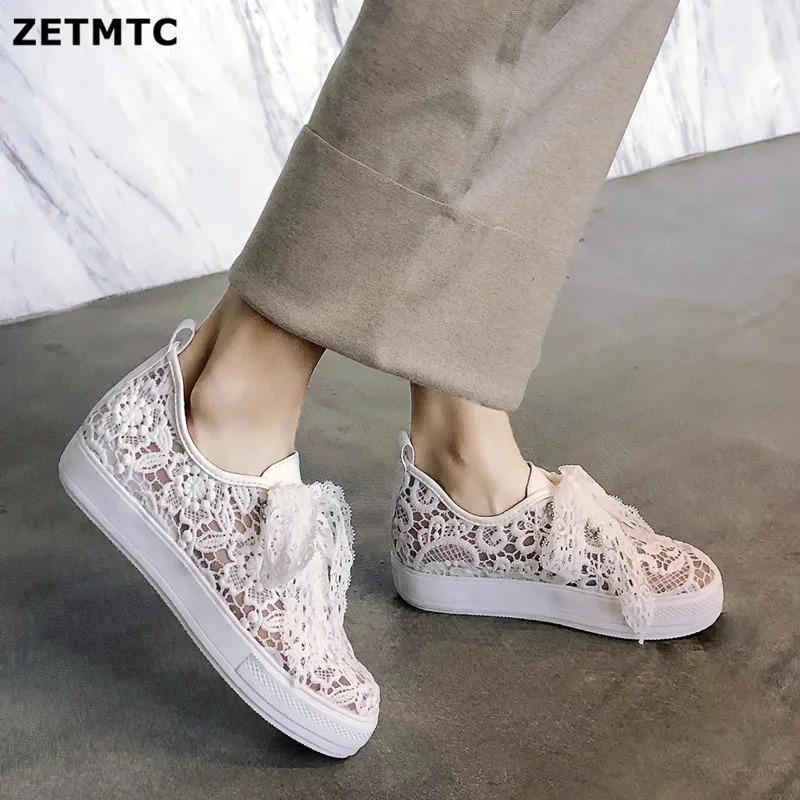 

ZETMTC 2019 New Fashion Casual Shoes Women Wedges Summer Lace ventilation Fretwork Shoes Increase Heels Platform Slip On Shoes