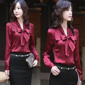 

INDJXND Women Blouse Elegant Wine Red Satin Shirt Office OL Blouse Bow Tie V Neck Blouses Lady Plus Size Feminina Long Sleeve