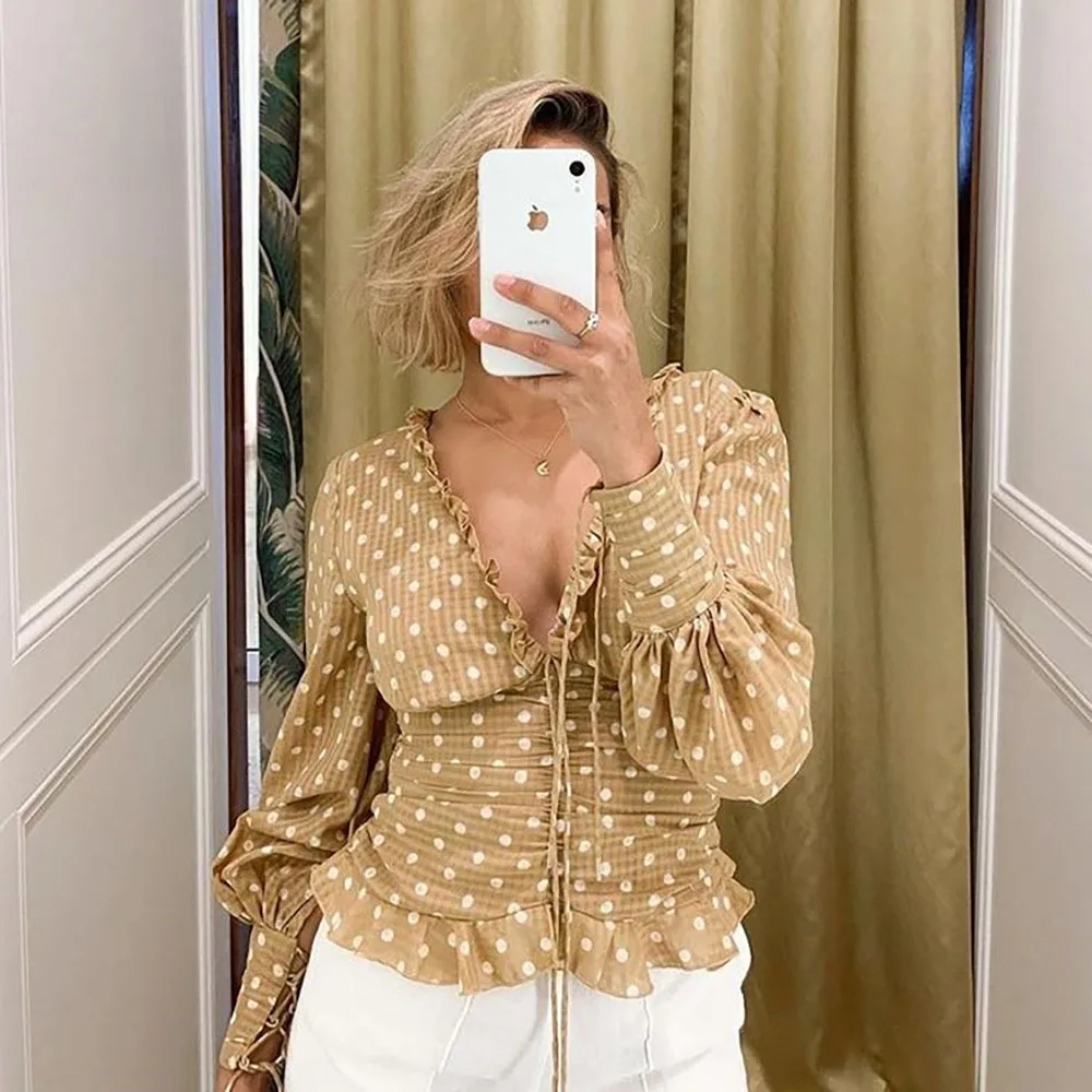Cryptographic Casual Polka Dot Drawstring Ruched Female Shirts Fashion Lantern Long Sleeve V-Neck Woman Blouses Autumn 2019