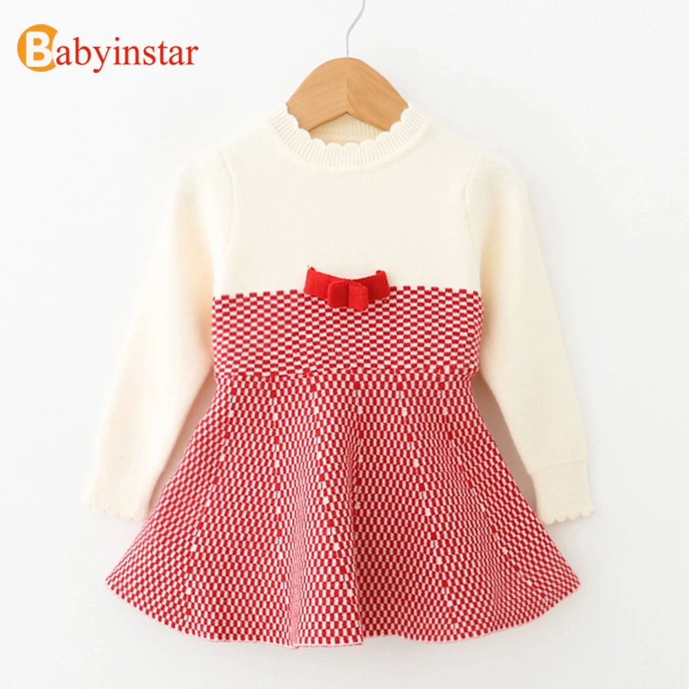 

Fall Outfits For Girl New Baby Girls Sweater Dress Toddler Girl Knit Wear Long Sleeve Patchwork Kids Dresses with Bow for Girls