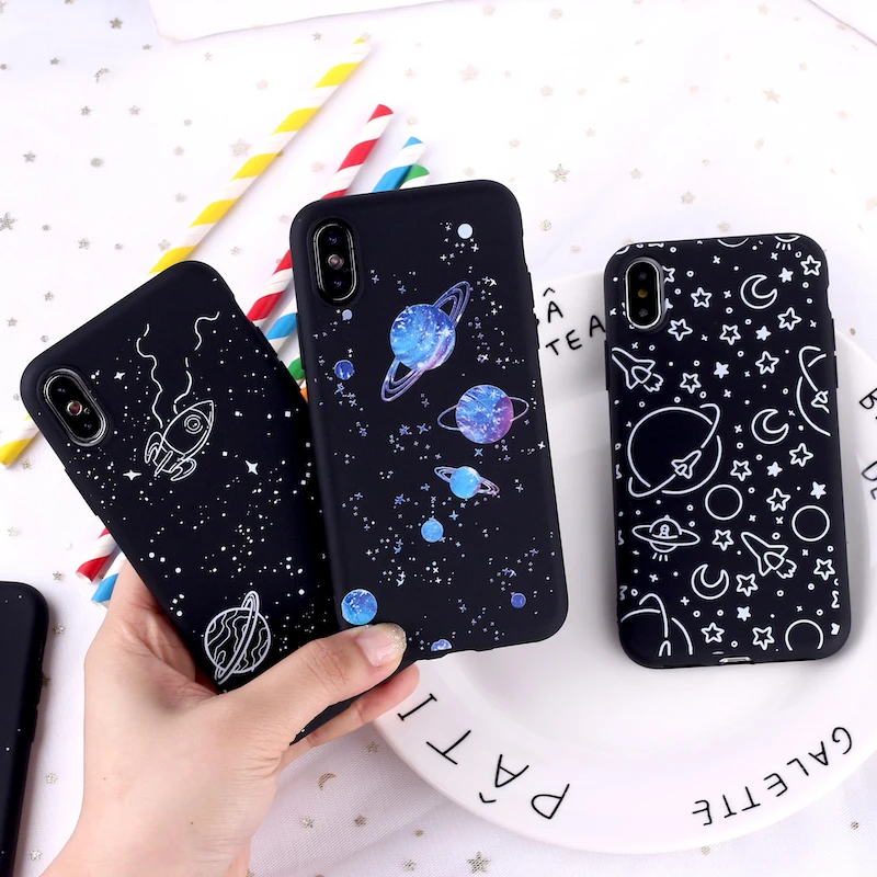 

Outer Space Planet Stars Moon Spaceship Soft Matte Silicone Matte Case Fundas For iPhone 11 6 6S 5 8 8Plus X 7 7Plus XS Max