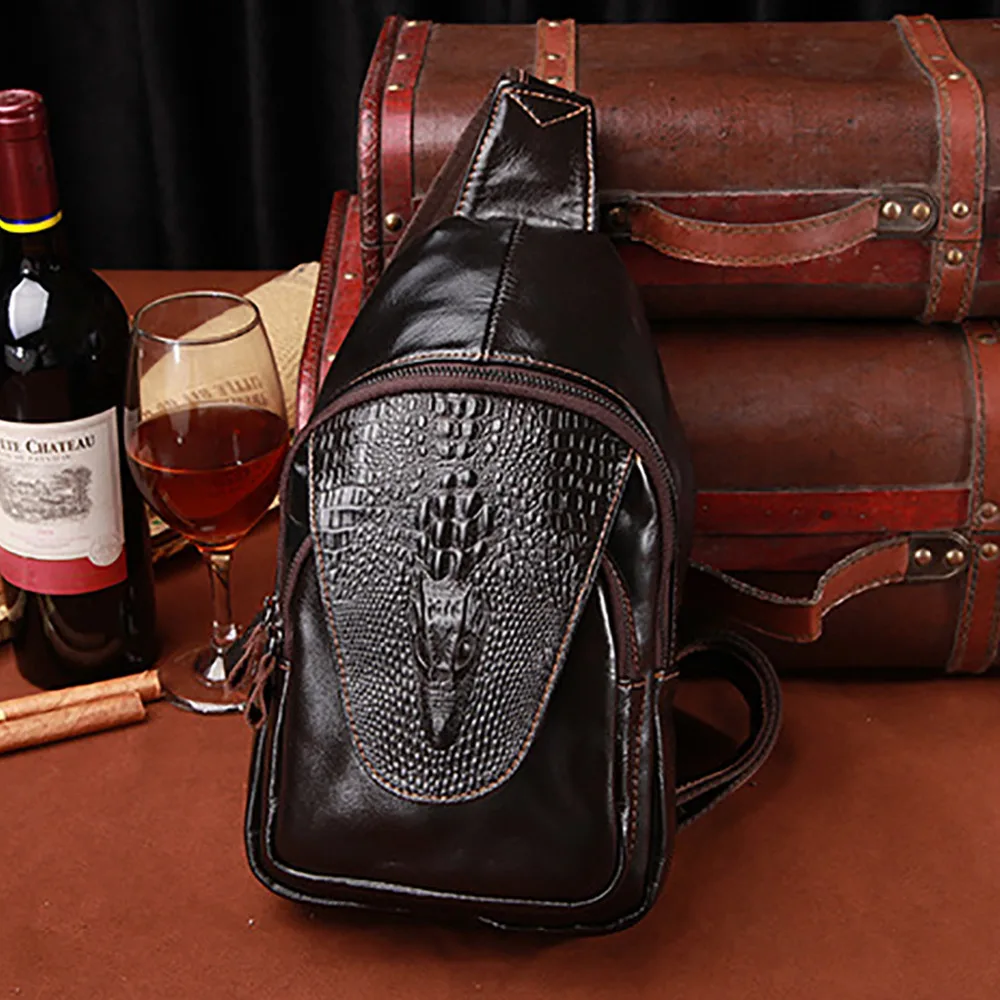

Men Genuine Leather Messenger Chest Day Back Pack Crocodile Pattern Single Shoulder Bag Rucksack Casual Travel Crossbody Bags