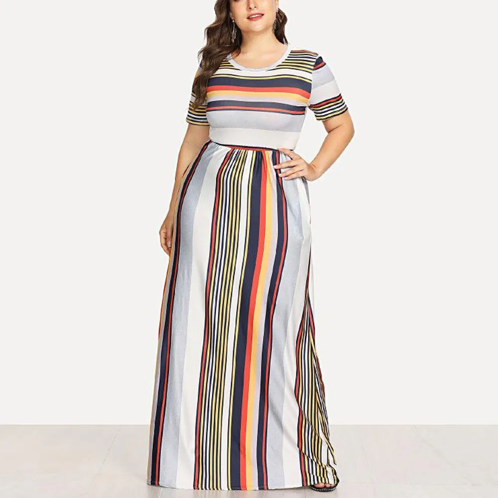 

FREE OSTRICH Summer dress Women maix Long Dress Casual Plus Size Striped dress O-Neck Short Sleeve Long Dress Femme Vestidos