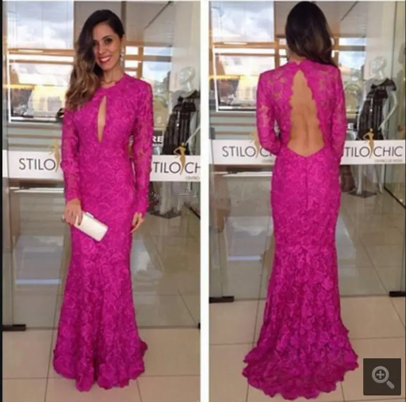 Long Sleeve simple Mermaid Evening Dress 2017 fuchsia Lace open back Sexy elegant formal celebrity evening gowns hot sale