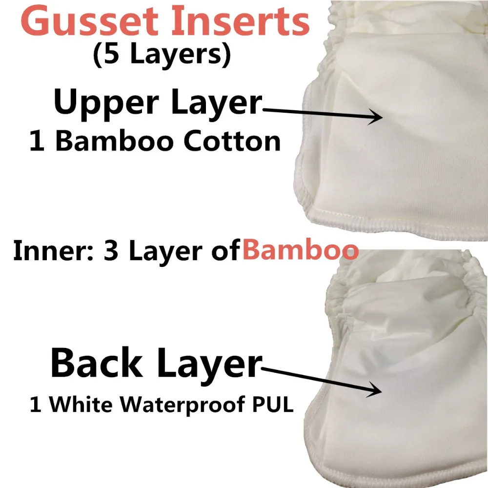 5 Bamboo Cotton Inserts Reusable Baby Cloth Diaper Nappy Waterproof PUL 5 Layer