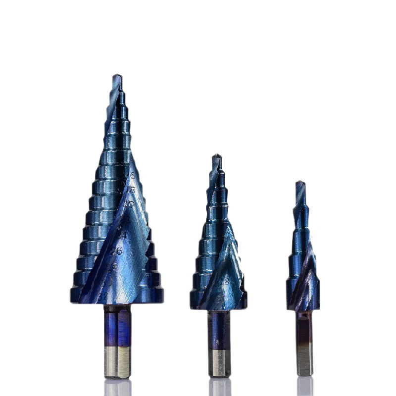 

3Pcs 4-12/20/32Mm Hss Spiral Grooved Center Solid Carbide Drill Bit Pagoda Drill Bit Blue Coating Step Cone Drill Bit