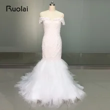 Real Picture Africa Sexy Wedding Dresses Luxury Beads Crystal Mermaid Wedding Gown Tulle Off the Shoulder Dubai Bridal Gown FW63