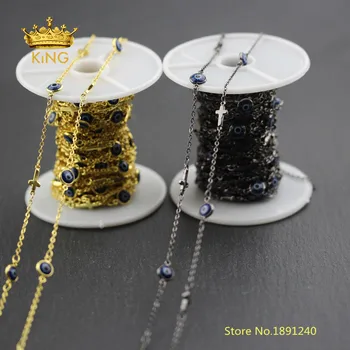 

5meters/lot Evil Eye Coin Enamel Beaded Chains Findings,Dark Blue Lampwork Glass Wire Wrapped Cross Charms Rosary Chains BH50