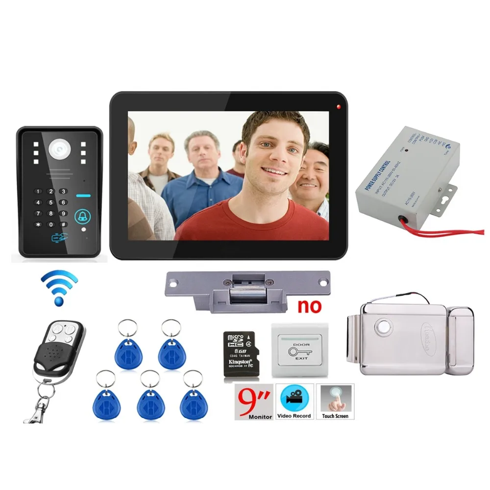 

Home Security 9 inch RFID Password Recording Video Door Phone Intercom 900TVL Kit + Wireless Remote Control Unlock+Electric Lock