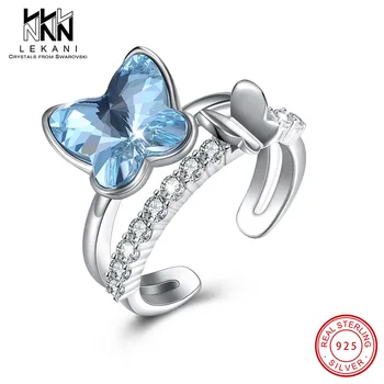 

Butterfly Blue Crystal From Swarovski Open Ring 925 Sterling Silver Adjustable Size Finger Accessories Fine Jewelry Wedding Gift