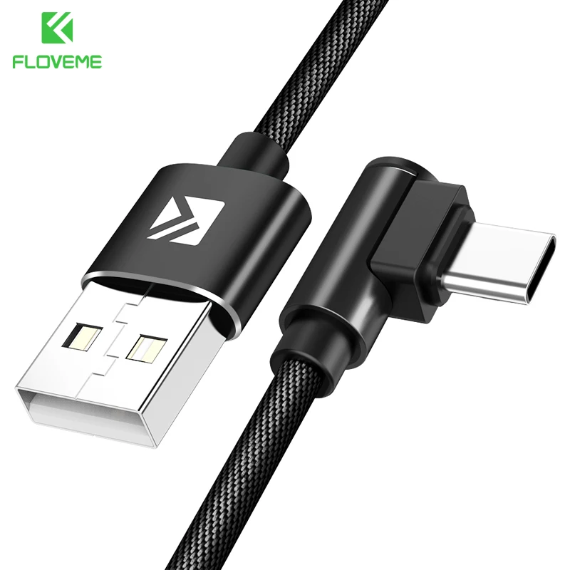 FLOVEME USB C кабель для Xiaomi Mi 8 huawei mate 20 Pro samsung S9 S8 90 градусов кабель передачи данных для быстрой зарядки usb type-C шнур зарядного устройства - Цвет: Black