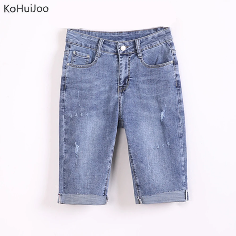 

KohuiJoo Summer Plus Size Skinny Capris Jeans Women Light Blue Knee Length Denim Shorts Female Stretch Short Jeans Pants 40 38
