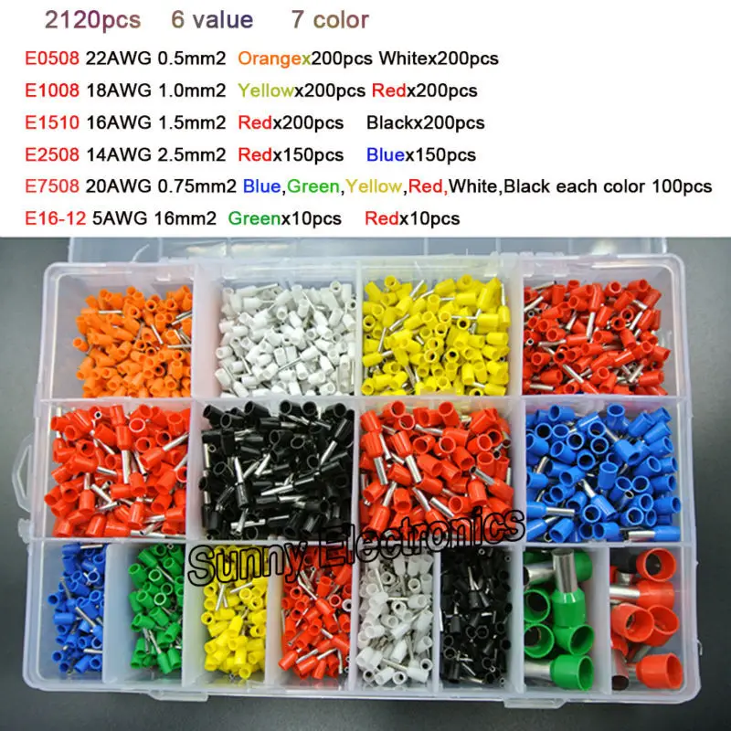 

7 color 6 value 2120pcs/lot Bootlace Ferrules kit set Wire Crimp Connector Insulated Cord Pin End Terminal