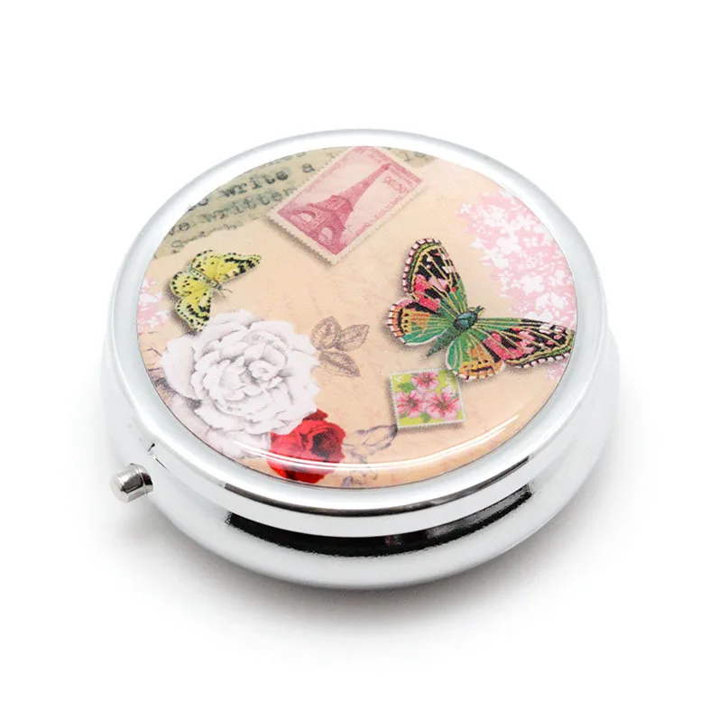 1PCS Portable Metal Round Flower Print Organizer Cute Compartment Pill Case Divid Storage Tablet Container Medicine Box