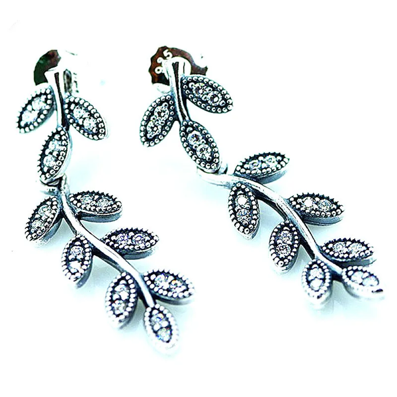 

Authentic 925 Sterling Silver Sparkling Long leaves Earrings With Clear CZ for Women DIY Fine Jewelry SLE010B