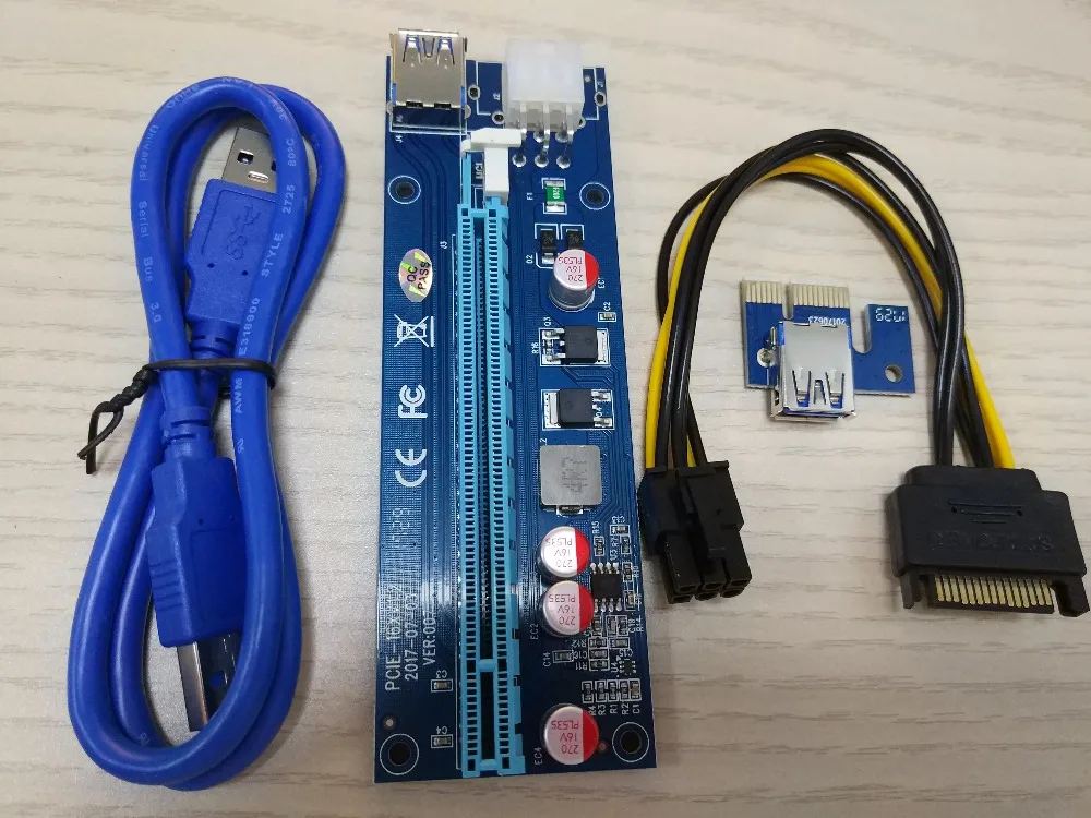 

100pcs Blue VER006/VER007 0.6M PCIe PCI-E 1X to 16X Riser Card Extender + 15Pin SATA to 6Pin Power Cord / USB 3.0 Cable
