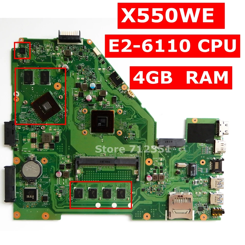  X550WE E2-6110 CPU 4GB RAM Mainboard REV 2.0 For Asus X550WA X550WE X550W D552W Laptop Motherboard 