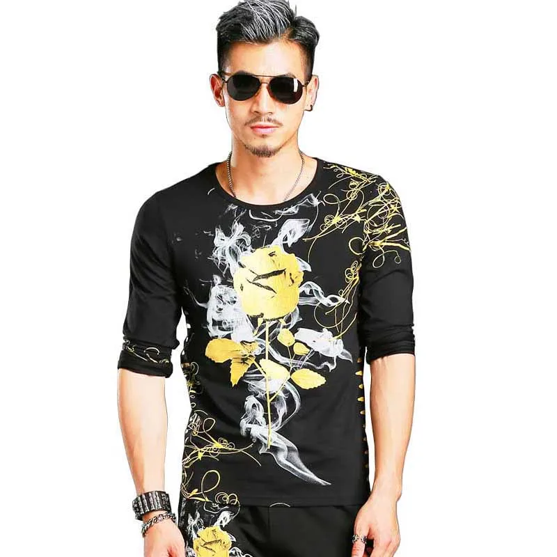 

Spring Autumn New Fashion Rose Stamping 3D Floral Printed T Shirt Men Casual Tshirt Slim Fit O-Neck Long Sleeve T-shirt Tops