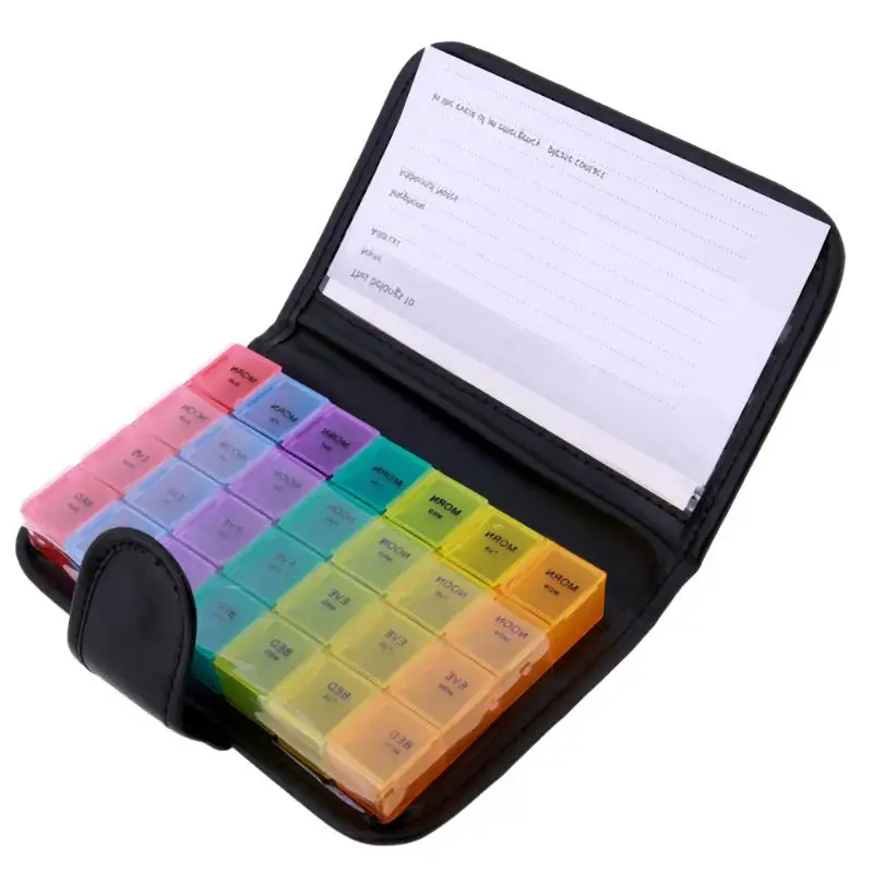 

1pc Portable 28 Grids Pills Box Holder Tablet Pill Case Medicine Storage Organizer Healthy Care Tool Rainbow Color With PU Bag