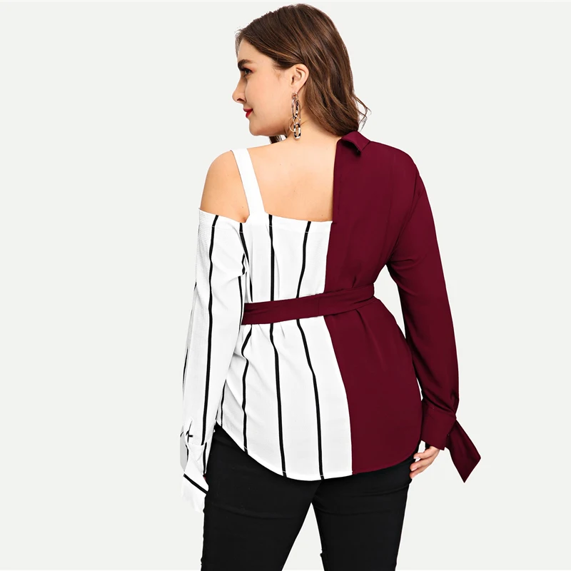 Sheinside размера плюс полосатая панель с открытым плечом женская блузка с поясом с длинным рукавом Женские топы элегантные асимметричные блузки с вырезом