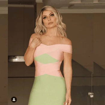 

2019 Summer Sexy new Light Green Dark Blue Short Sleeve Off The Shoulder Patchwork Bodycon Bandage Dress Slash Neck Vestidos