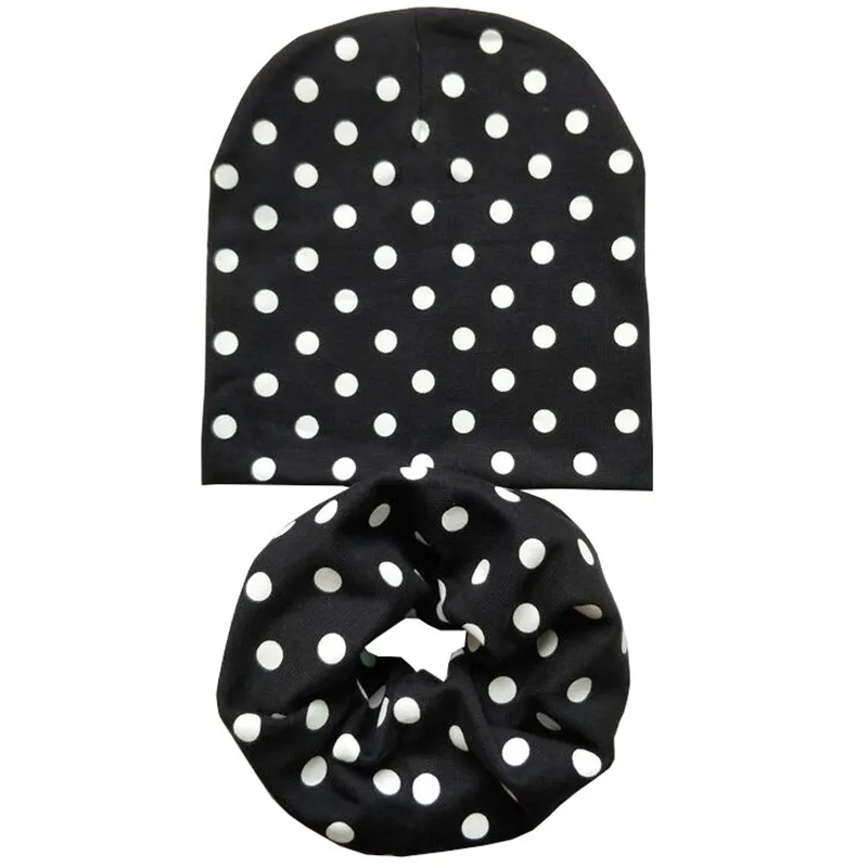 Black Dots Set Новая осенне-зимняя детская шапка, комплект для мальчиков и девочек, шарф на шею, весенний теплый шейный платок, детские вязаные шапки, комплекты, хлопковая детская шапка, шарф - Цвет: Black Dots Set