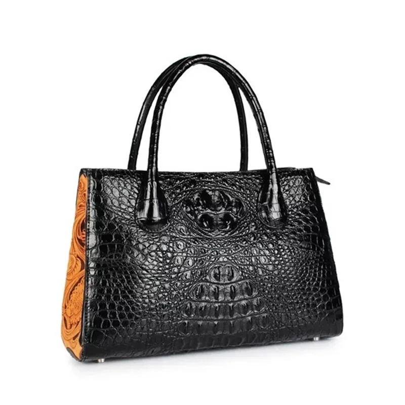 

Handmade Engraved Flower Genuine Crocodile Skin Women's Top-handle Handbag Real Alligator Leather Female Large Purse Lady Totes
