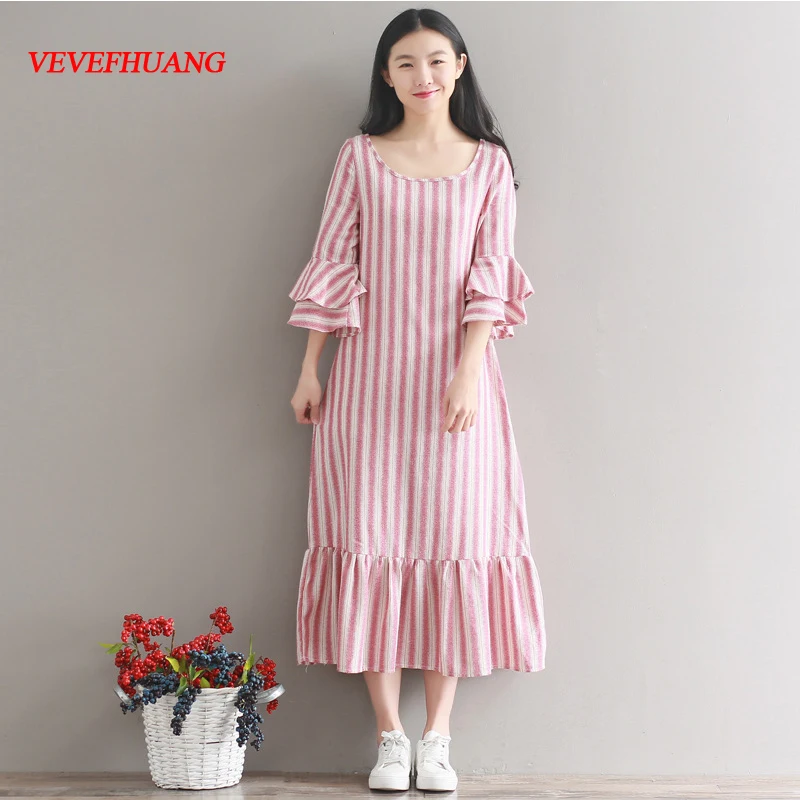 Vestidos Mujer весенне-летнее платье хлопковое льняное для девочки в полоску с рукавом