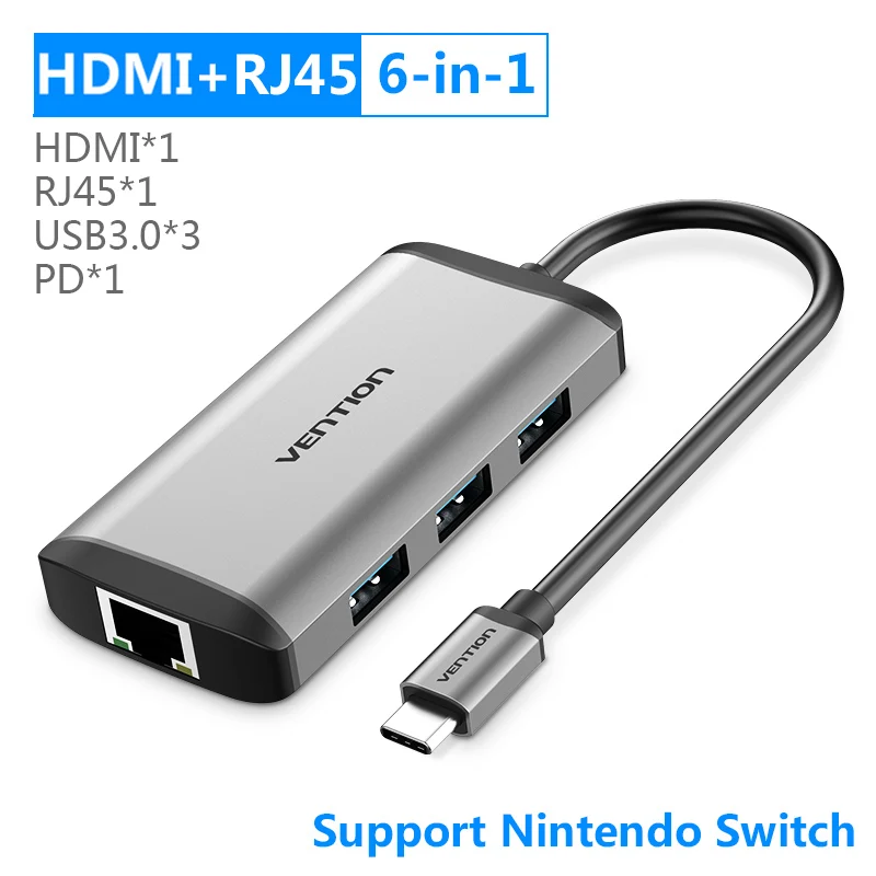 Vention USB C концентратор HDMI USB-C концентратор USB 3,0 3,5 мм аудио RJ45 адаптера Ethernet для Macbook Pro USB C концентратора - Цвет: New 6 in 1 HUB