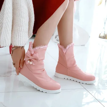 

Japanese sweet style comfortable round head ankle boots fashion lace beaded bowknot platform low heel women's motorcycle boots