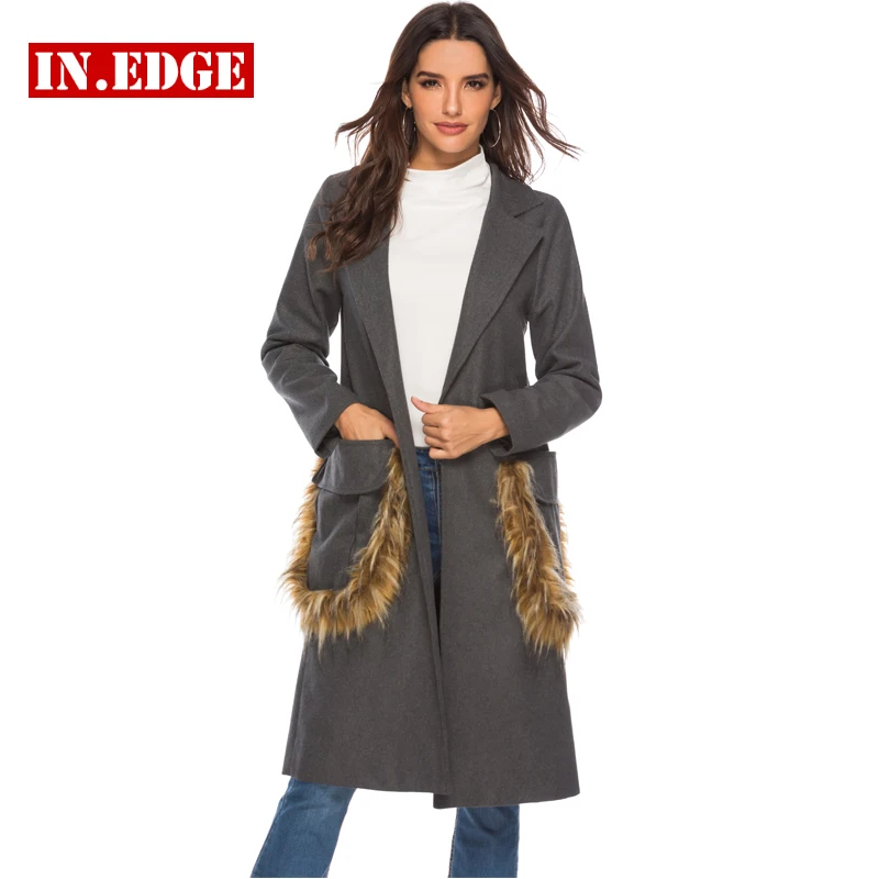 

Women Wool Blends Faux Fur Big Pockets Long Coats Turn Down Collar Outerwear Elegant Warm Slim Jackets Coat Female Windbreaker