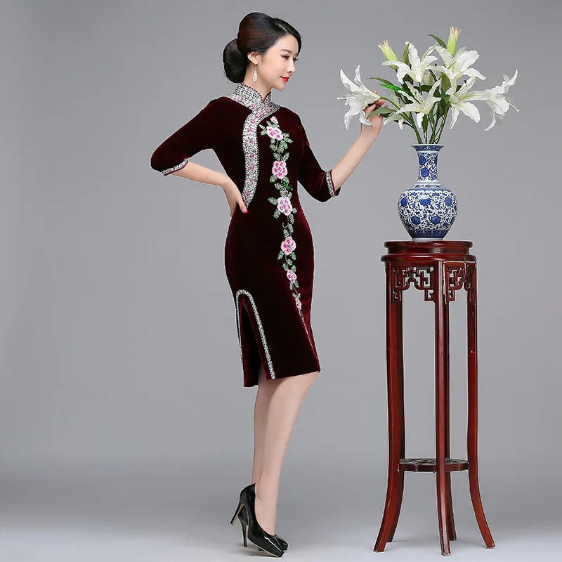 Цветочный бисерный китайский женский элегантный Cheongsam Осень Зима бархатное вечернее платье оверсайз 3XL 4XL Vestidos Винтаж Qipao